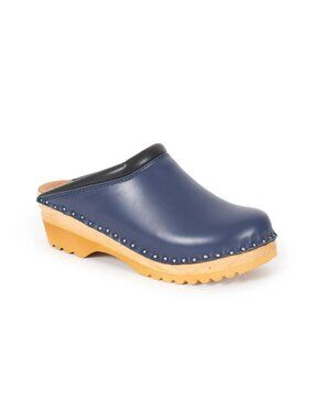 Troentorp Navy Leather Swedish Clogs Size 41 Wooden Sole Slip-On Comfort Shoes F